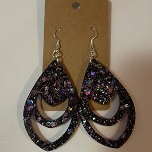 Handmade epoxy resin dangle earrings - very dark purple glitter w/ silver flecks
